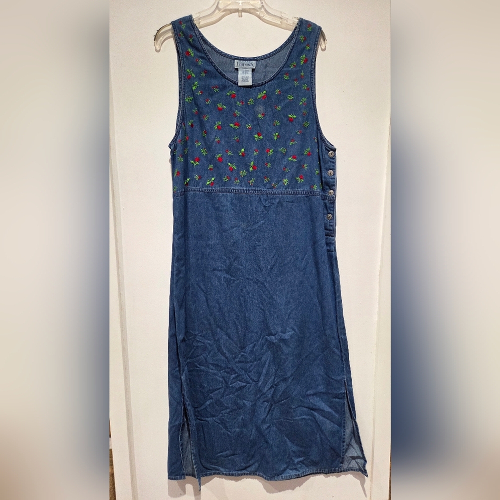 Vtg Denim Dress Embroidered
